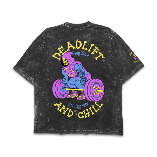 DEADLIFT & CHILL 2.0 - Premium Oversize Tee (HEAVYWEIGHT - Black Acid Wash - W/Destructions)