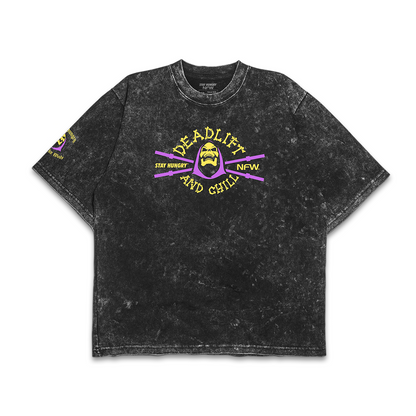 DEADLIFT & CHILL 2.0 - Premium Oversize Tee (HEAVYWEIGHT - Black Acid Wash - W/Destructions)