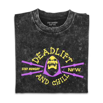 DEADLIFT & CHILL 2.0 - Premium Oversize Tee (HEAVYWEIGHT - Black Acid Wash - W/Destructions)